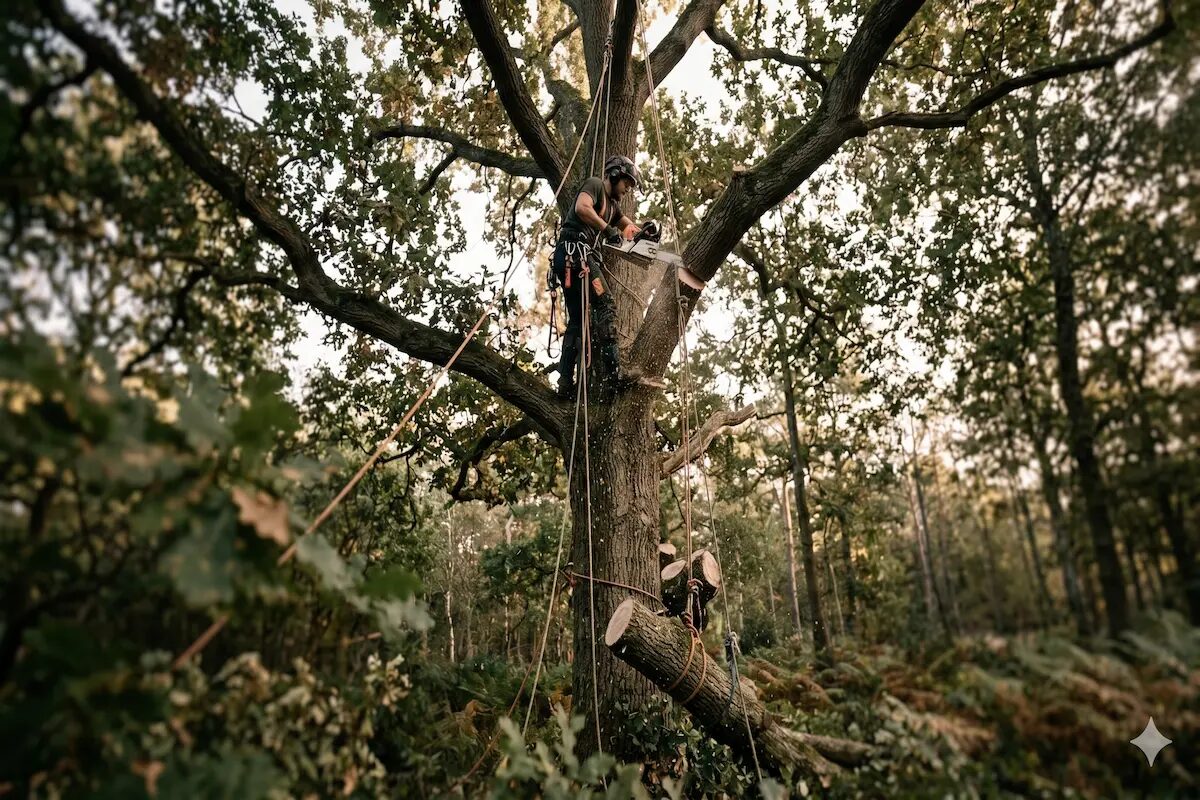 Arborist i klatresele højt oppe i stort egetræ med motorsav under sektionsfældning