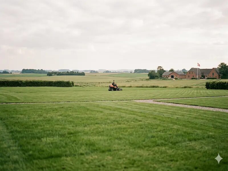 Stort græsareal i dansk landskab med havetraktor